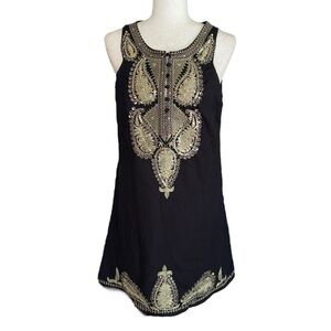 Free People Black & Sparkly Gold Sequin & Embroidered Sleeveless Mini Dress - 10